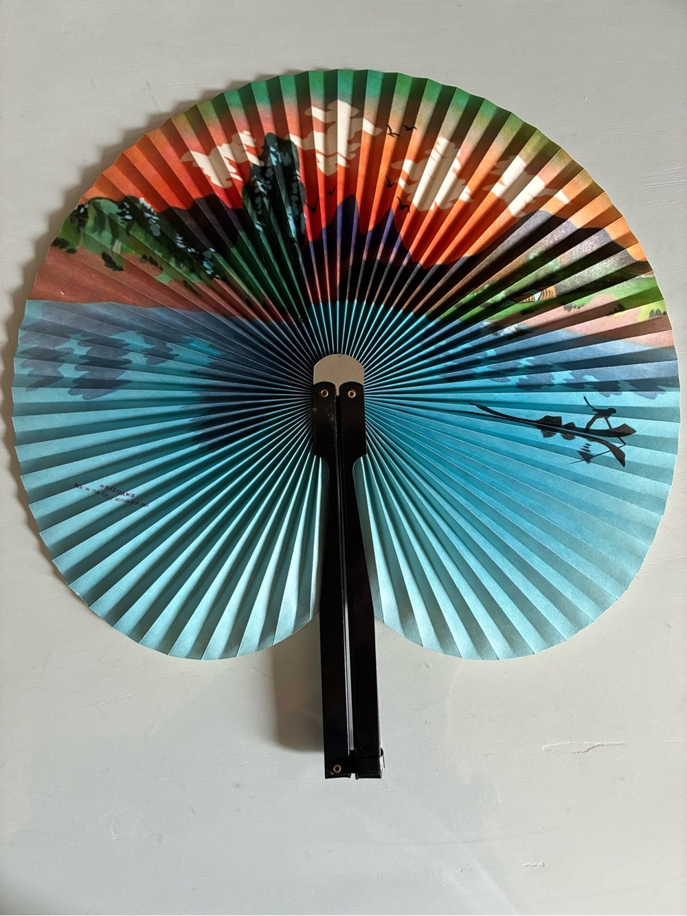 Vintage Chinese Handheld Decorative Paper Fan in Blue and Multicolor
